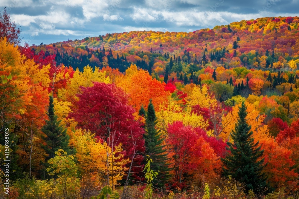 A beautiful autumn forest with many trees in various shades of red A beautiful autumn forest with many trees in various shades of red