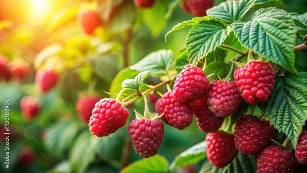 Sunlit Raspberry Bush with Ripe Berries and Lush Green Foliage Sunlit Raspberry Bush with Ripe Berries and Lush Green Foliage