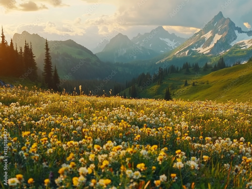 Fototapeta premium Stunning Alpine Meadow with Blooming Wildflowers and Majestic Mountain Peaks in the Distance