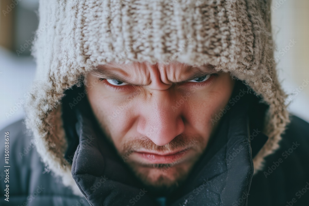 A close-up portrait of a man wearing a knitted hat and a winter jacket, displaying an intense expression. The background is blurred, suggesting a cold environment. A close-up portrait of a man wearing a knitted hat and a winter jacket, displaying an intense expression. The background is blurred, suggesting a cold environment.