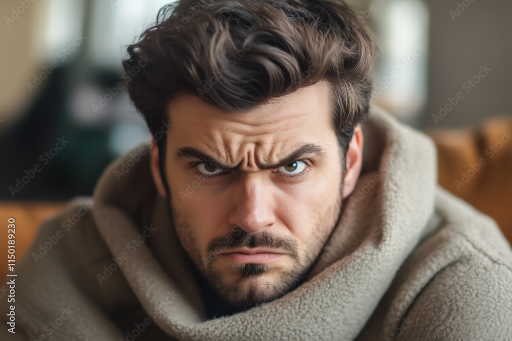 A close-up portrait of a man with a serious expression, wearing a cozy beige blanket. His furrowed brow and intense gaze convey strong emotions, set against a soft-focus background. A close-up portrait of a man with a serious expression, wearing a cozy beige blanket. His furrowed brow and intense gaze convey strong emotions, set against a soft-focus background.