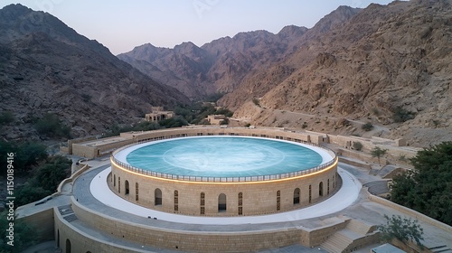 Mountain Oasis  Aerial View of Circular Pool and Architecture photo