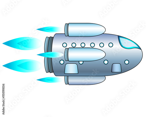 Starship in flight - vector full color illustration. The starship flies on all engines - a rocket for space exploration, tourism and cargo delivery. A ship for interplanetary travel.	