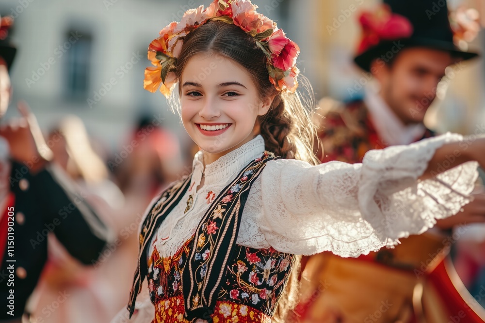 A young girl in traditional attire with floral decorations in her hair, smiling joyfully while participating in a cultural festival. A young girl in traditional attire with floral decorations in her hair, smiling joyfully while participating in a cultural festival.