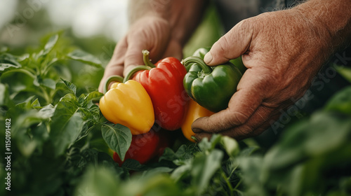 Hands picking plump bell peppers in glossy red, yellow, and green. Sunlit foliage backdrop adds a natural and vibrant look to the farm scene photo