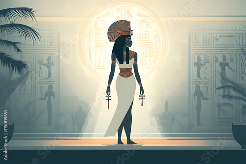 A captivating depiction of Nephthys, the Egyptian goddess of the underworld and sister-wife of Osiris. Nephthys is portrayed as a serene and mystical figure wearing her signature headdress  photo