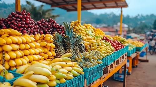 Fresh Tropical Fruit Market Stall Bananas Pineapple Grapes
