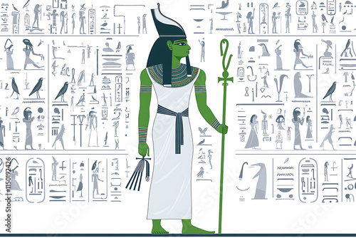 A detailed depiction of Osiris, the Egyptian god of the afterlife, portrayed as a regal and serene figure. He is shown with green skin symbolizing rebirth, dressed in traditional white robes  photo