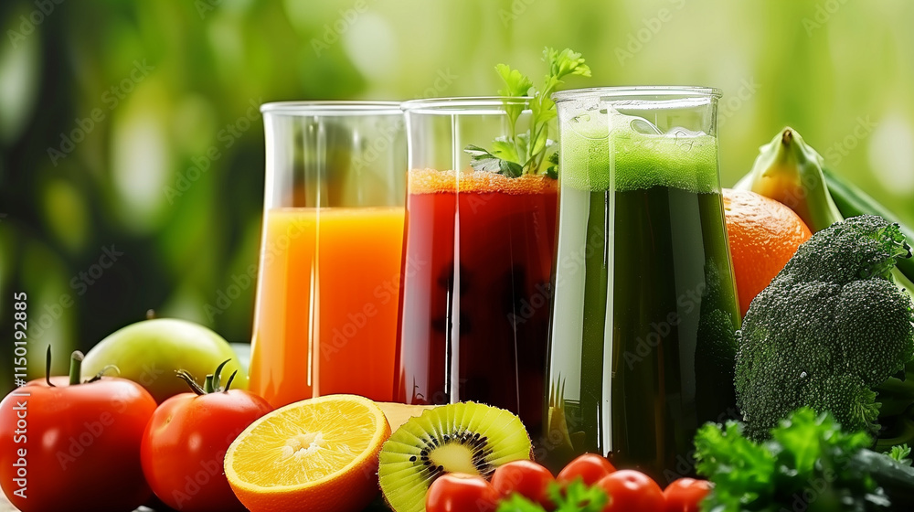 Fresh Vegetable Juices Collection on Table with Bokeh Effect. A Variety of Nutritious Drinks and Veggies Displayed. Fresh Vegetable Juices Collection on Table with Bokeh Effect. A Variety of Nutritious Drinks and Veggies Displayed.