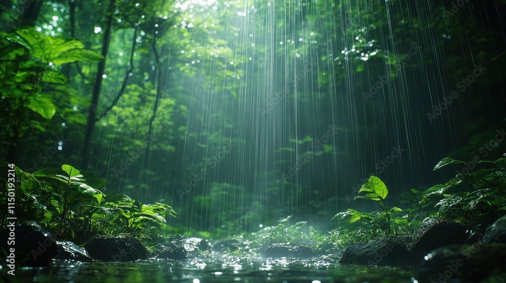Obraz premium Sunbeams pierce through rain in lush green forest, illuminating a tranquil stream.