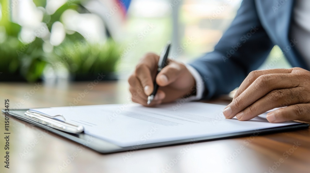 Close-up of politician signing important document on wooden desk, symbolizing political career and decision-making process with flag and cityscape elements. Close-up of politician signing important document on wooden desk, symbolizing political career and decision-making process with flag and cityscape elements.