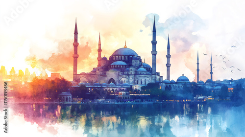 Watercolor painting of sultan ahmed mosque reflecting on bosphorus at sunset, with birds flying in istanbul, turkey photo