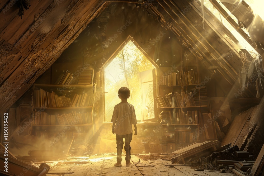 A young boy stands in a room with a window, looking out into the distance A young boy stands in a room with a window, looking out into the distance