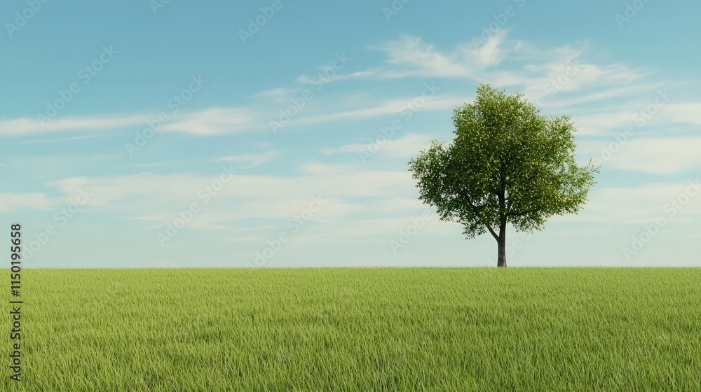 Obraz premium Serene Tree in Vast Green Field Scene Tranquil Environment Outdoor Viewpoint