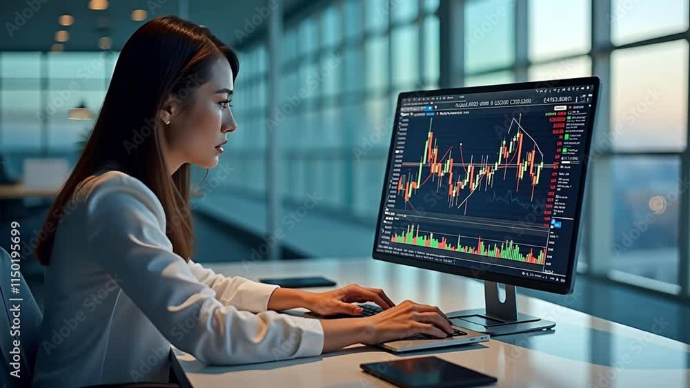 Woman Analyzing Stock Market Data on Computer Woman Analyzing Stock Market Data on Computer
