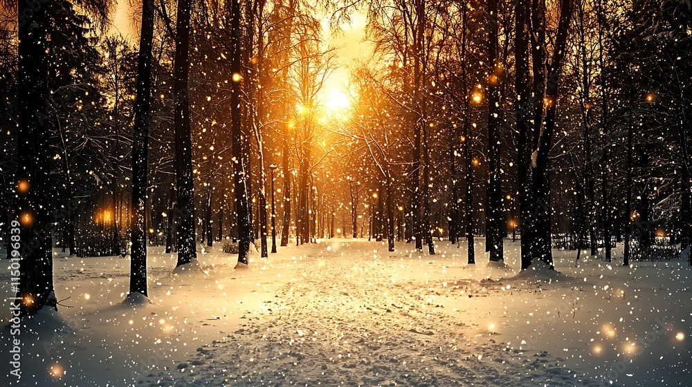 Magical Winter Sunset Snowfall in Snowy Forest Path Magical Winter Sunset Snowfall in Snowy Forest Path