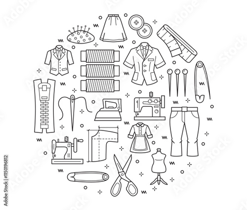Atelier linear objects in a circular composition. Collection of equipment for sewing. Vector illustration