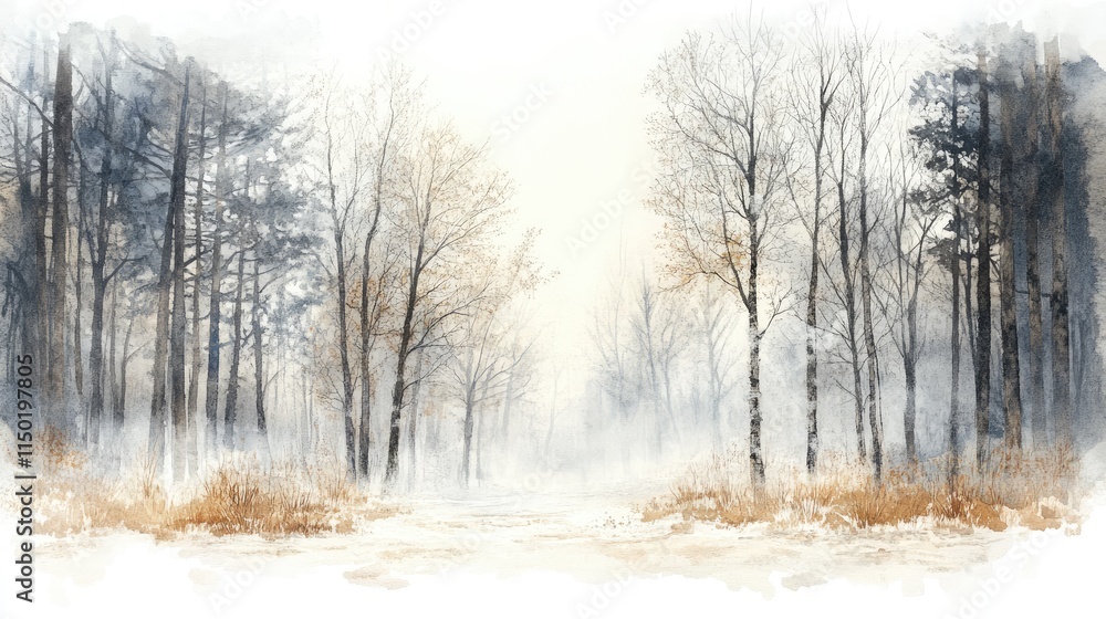 watercolour drawing forest landscape of dry trees in winter with fog background watercolour drawing forest landscape of dry trees in winter with fog background
