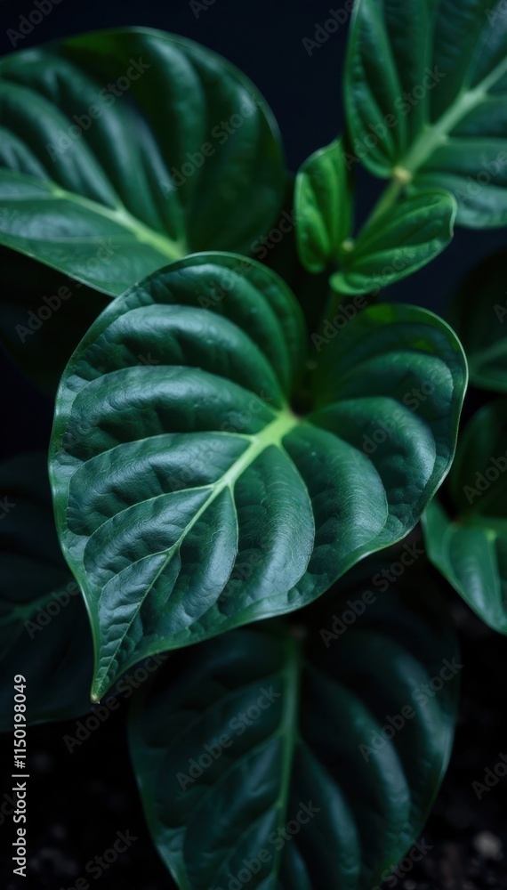 Fototapeta premium Close-up of dark, glossy exotic leaves in a mysterious setting, mysterious, dark