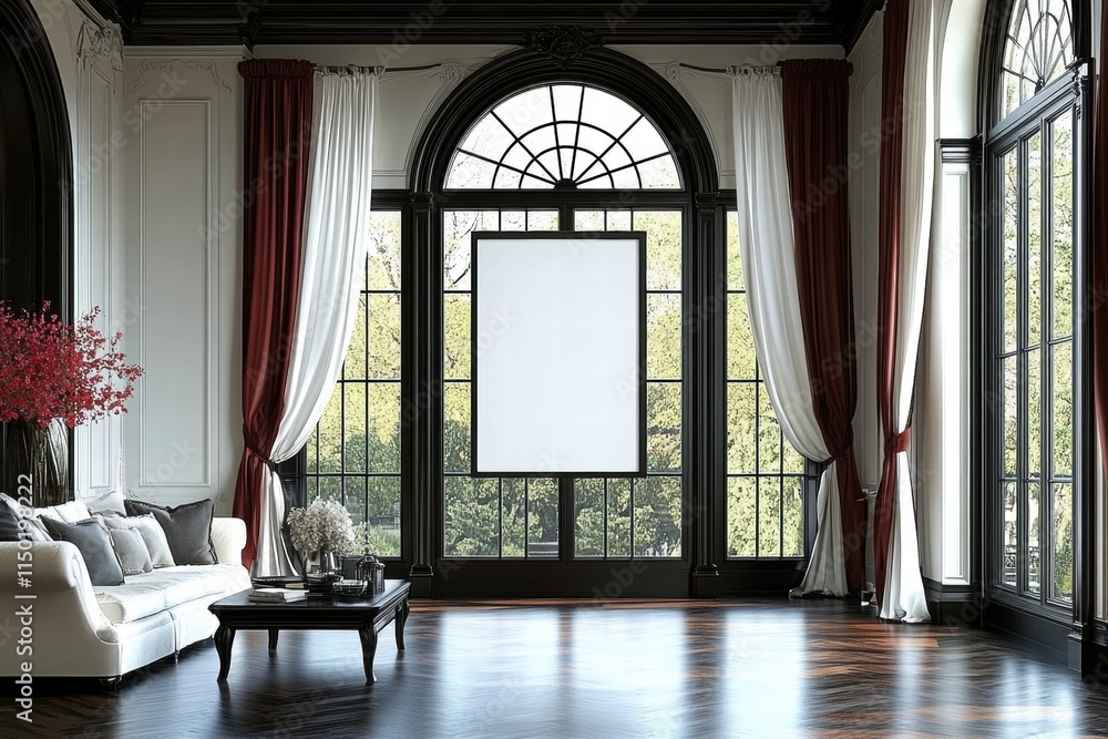 Elegant Living Room with Large Windows and Blank Canvas Elegant Living Room with Large Windows and Blank Canvas