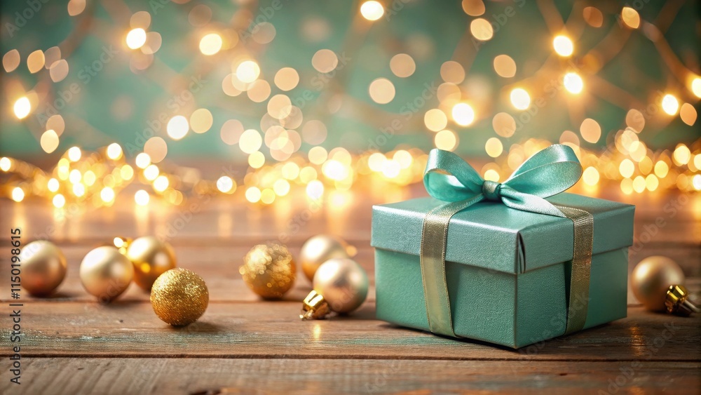 A teal gift box with a gold ribbon sits on a rustic wooden surface, surrounded by golden ornaments and warm, sparkling lights. A teal gift box with a gold ribbon sits on a rustic wooden surface, surrounded by golden ornaments and warm, sparkling lights.
