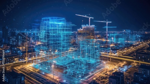 High-tech construction site with glowing blueprints
