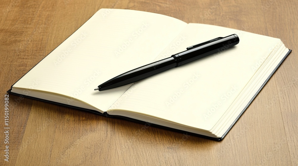 Black Pen on Open Notebook, Wooden Floor Background, Calm Space for Creative Writing or Doodling, Minimalist Aesthetic Black Pen on Open Notebook, Wooden Floor Background, Calm Space for Creative Writing or Doodling, Minimalist Aesthetic