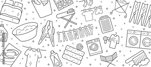Horizontal background with laundry service linear objects. Washing machine, powder, clothespins, washing gel, clothes, iron and other. Vector illustration