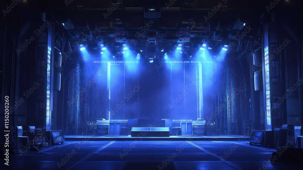 Obraz premium Empty Stage with Blue Spotlights and Equipment