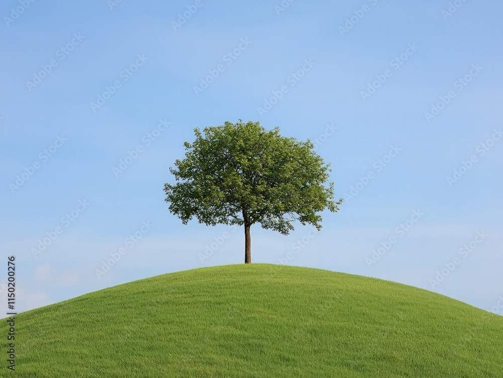 Obraz premium A solitary tree stands atop a lush green hill under a clear blue sky, creating a serene and peaceful landscape.