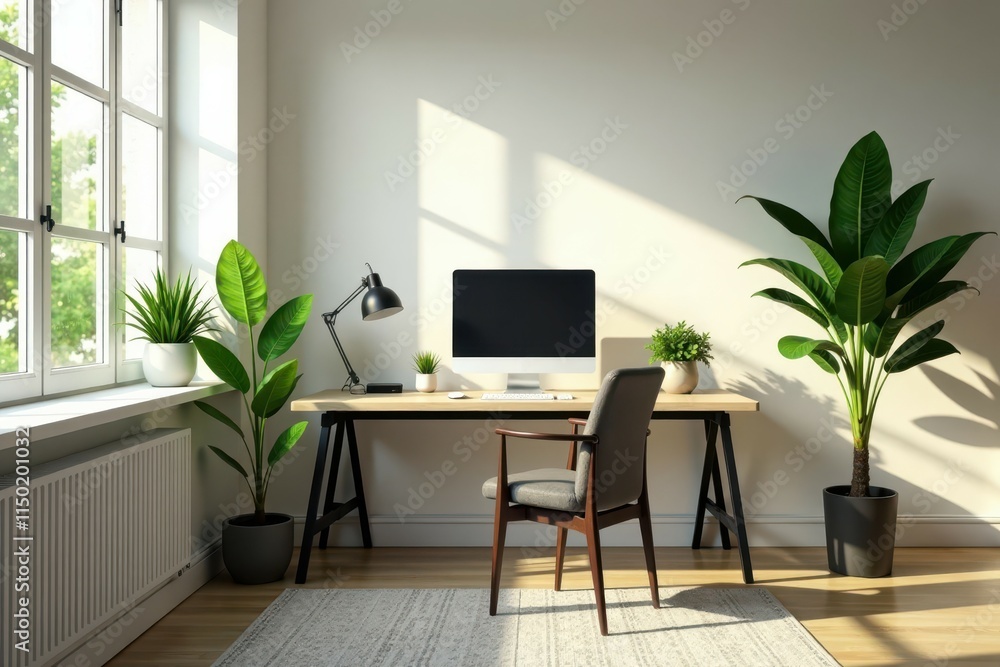 Fototapeta premium Minimalist Home Office with Greenery and Natural Light, minimalist desk, calm atmosphere