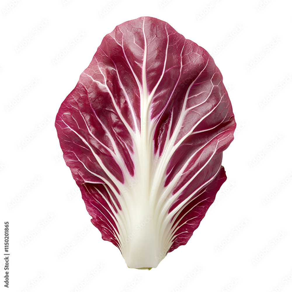 Obraz premium Extreme top view of an extremely perfect looking single radicchio leaf cut in half isolated on a white transparent background
