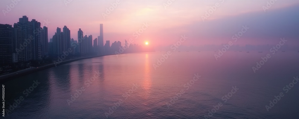 Fototapeta premium Sunrise Over Urban Skyline Cityscape Digital Art Serene Atmosphere Aerial View Tranquility Concept