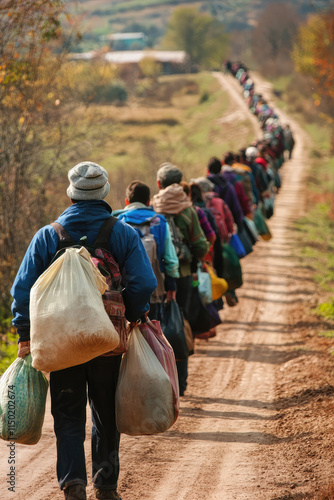 Back view queue of people with bags and backpacks walking along a dirt road. Refugees, forced displacement, migrant camp, temporary shelter