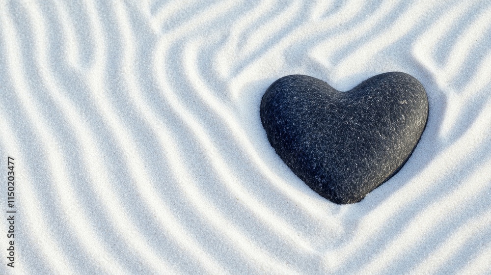 Fototapeta premium Heart-Shaped Stone on a Sandy Beach with Ripples: Symbol of Calmness and Tranquility in Nature's Design