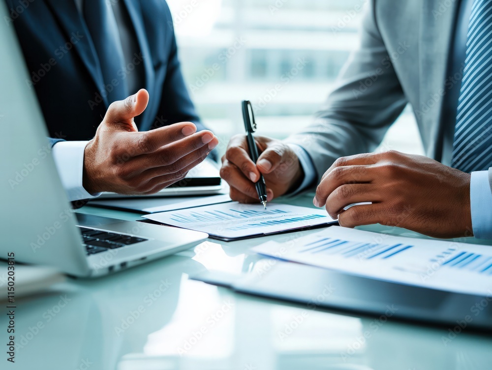 Two professionals discuss documents at a modern office desk, emphasizing collaboration and decision-making in a business environment. Two professionals discuss documents at a modern office desk, emphasizing collaboration and decision-making in a business environment.