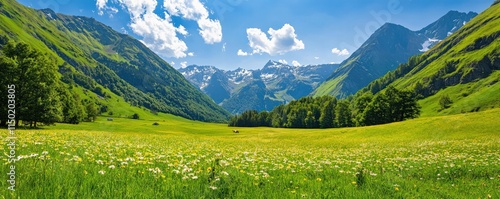 Scenic Mountain View Alpine Valley Photography Sunny Day Wide Angle Tranquility