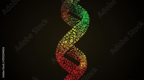 Colorful DNA Helix Composed of Various Icons Representing Technology, Science, and Innovation on a Dark Background