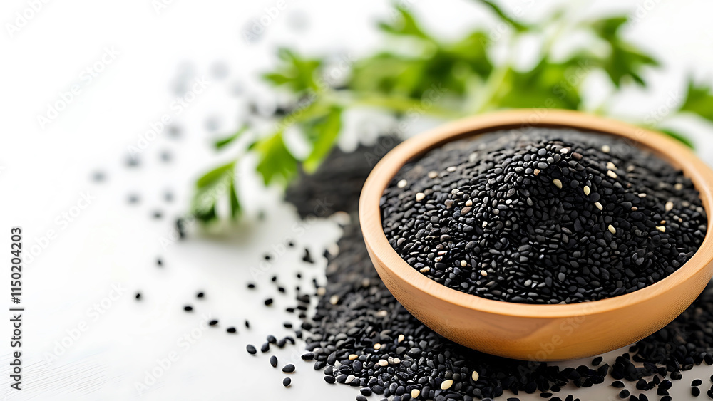 Black sesame seeds in wooden bowl