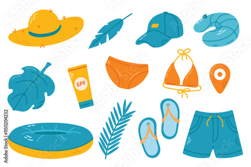 Vector set of beach items. Vector illustration in flat style.