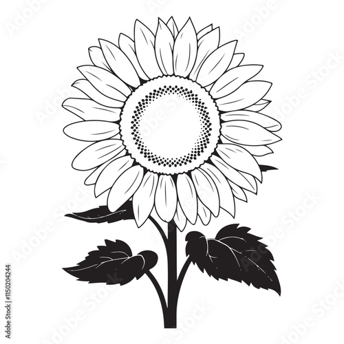 A black and white sunflower line art coloring page for kids with leaves