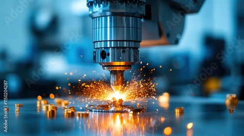 The artistry of CNC machining is captured as sparks fly while a cutter shapes metal, bridging modern engineering techniques with traditional metalworking skills. photo