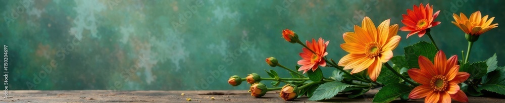 Fototapeta premium Decaying artificial flowers in a worn wooden frame against a muted green background , floral wreath, wooden frame