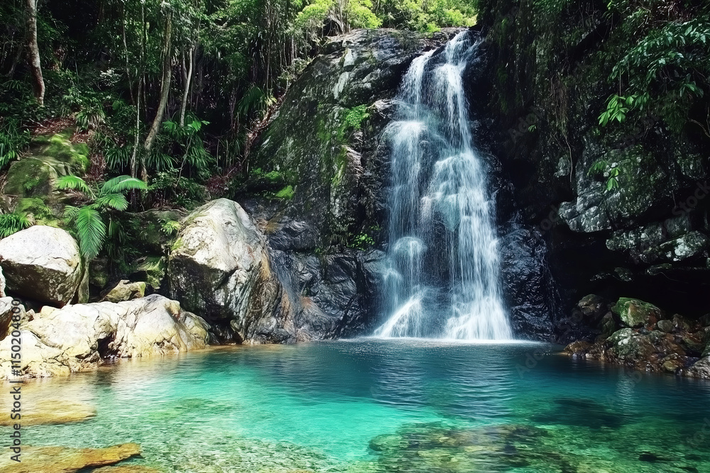 serene waterfall cascading into tranquil pool surrounded by lush greenery Generative Ai serene waterfall cascading into tranquil pool surrounded by lush greenery Generative Ai