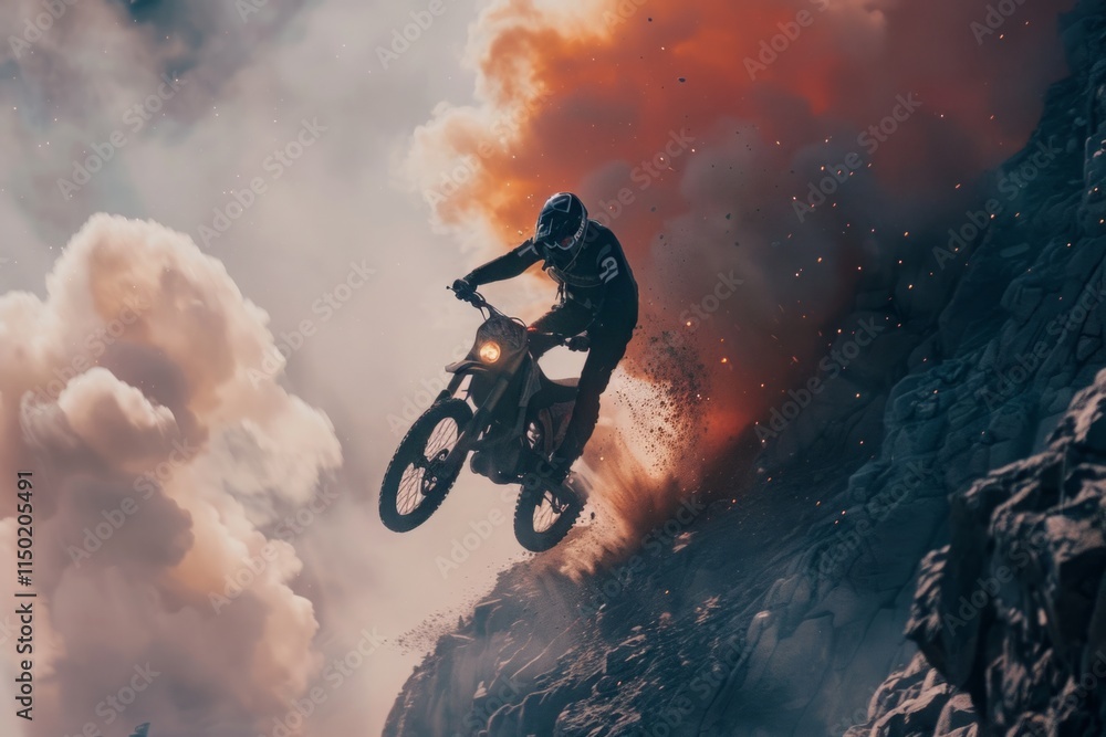 A man is riding a dirt bike on a rocky mountain A man is riding a dirt bike on a rocky mountain