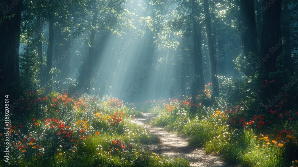 A serene forest path illuminated by sunlight, surrounded by vibrant flowers and greenery.