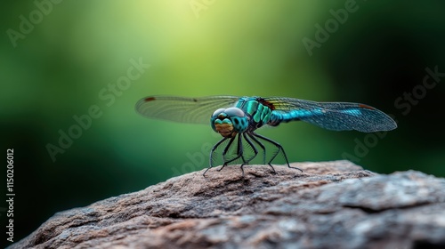 A gracefully poised dragonfly rests on a natural rocky landscape backdrop, showcasing the intricate details of nature and embodying elegance and tranquility in earthy colors. photo