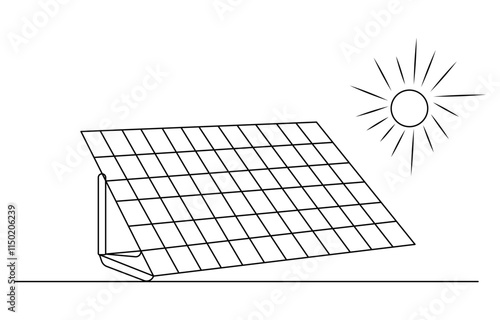 Sun and solar panel continuous one line icon drawing. One continuous line drawing of Solar panel
