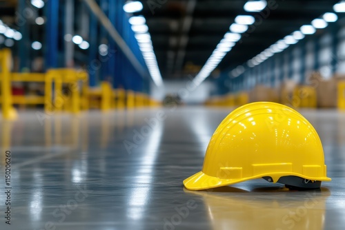 Yellow Safety Helmet on Industrial Floor in Warehouse Environment photo