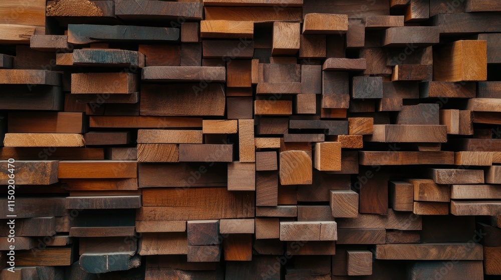 Wall covered in a mosaic of various wooden blocks of different shapes and sizes, creating a textured and artistic pattern Wall covered in a mosaic of various wooden blocks of different shapes and sizes, creating a textured and artistic pattern